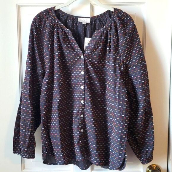 NWT LOFT CHARCOAL GRAY PEASANT SHIRT COTTON MEDIUM TEXTURED PINK GOLD - Picture 1 of 10